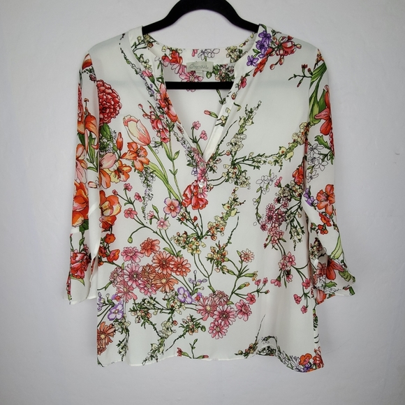 Chenault Tops - CHENAULT White Floral Ruffled Bell Sleeve Boho Top